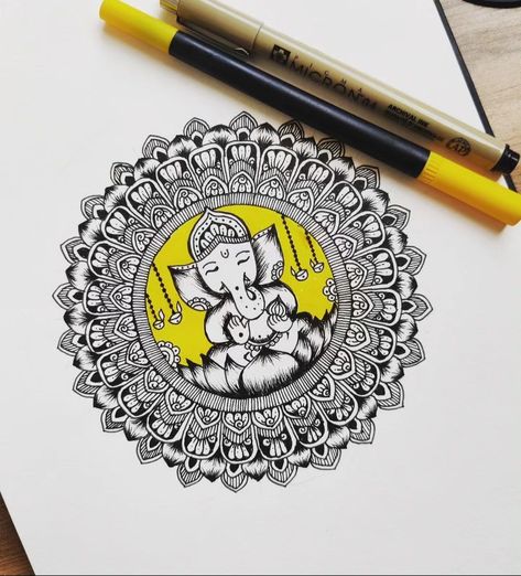 Ganesh Drawing Mandala, Ganpati Mandala Art Colourful, Ganesh Mandala Art Colourful, Easy God Mandala Art, Mandala Ganpati Drawing, Ganesh Mandala Art Easy, Mandala Ganesha Art, Ganesh Ji Mandala Art, Ganesha Drawing Mandala