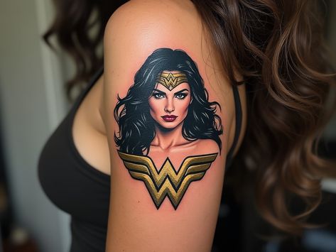 Woman Tattoo Ideas, Wonder Woman Tattoo, Cuff Tattoo, Woman Tattoo, Full Back Tattoos, Wonder Woman Logo, Wonder Woman Costume, Classic Portraits, Woman Silhouette