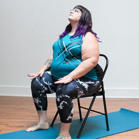 An Accessible, Fully Seated Chair Yoga Practice Shelves Instead Of Cabinets, Kitchen Shelves Instead Of Cabinets, Chair Exercise, Chair Pose Yoga, Mismatched Dining Chairs, Yoga For Seniors, Chair Pose, Chair Exercises, Girl D