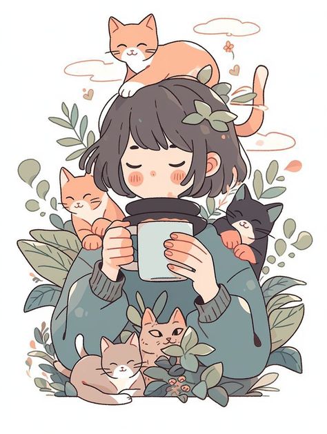 Holding A Cup Of Coffee, Piskel Art, الفن الرقمي, 캐릭터 드로잉, Girly Art Illustrations, Cute Cartoon Drawings, Cats Illustration, Cute Little Drawings, A Cup Of Coffee