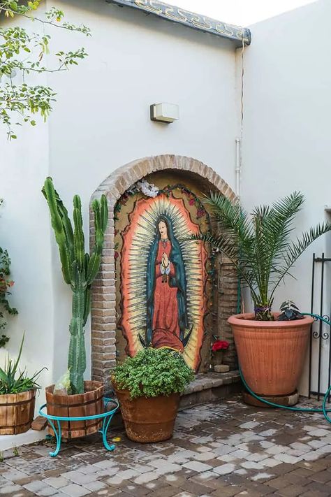 Scottsdale, Arizona Travel Guide Mexican Home Design, Mary Painting, Hacienda Decor, Arizona Travel Guide, Modern Hacienda, Sacred Garden, Prayer Garden, Hacienda Style Homes, Mexican Wall Art