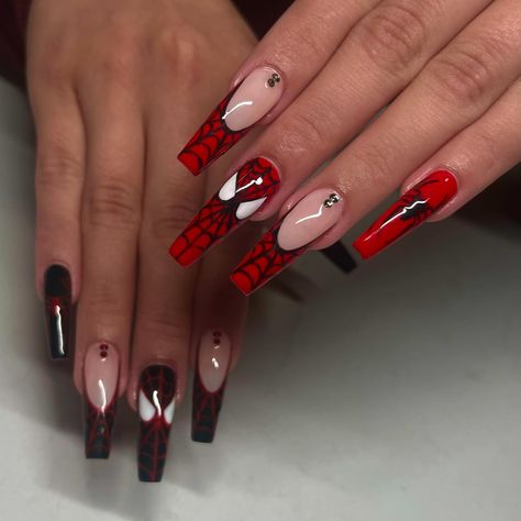 spidey nails 🕷️ - - - - #gelx #spidermannails #gelxnails #nailart #sanantoniogelx #explore Spidey And His Amazing Friends Nails, The Flash Nails, Spider Man Nail Art, Spider Man Nails Acrylic, Miles Morales Nails, Spiderman Nails Designs, Gel X Nails Designs, Spidey Nails, My Hero Academia Nails