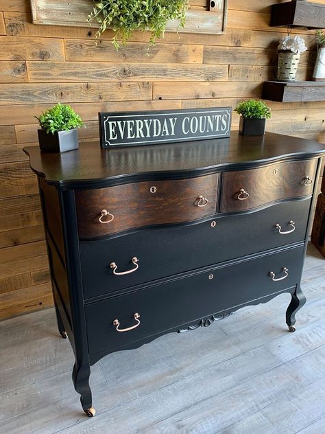 Black Dresser Redo, Black And Wood Antique Dresser, Black Furniture Makeover, Antique Refurbished Furniture, Dixie Bell Silk Painted Furniture, Antique Dresser Restoration, Black And Gold Furniture Diy, Black Furniture Flip, Black And Wood Dresser Makeover