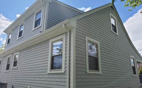 Cedar Impressions Vinyl Siding, Fairhaven, MA | Contractor Cape Cod, MA & RI Cedar Vinyl Siding, Certainteed Vinyl Siding, 1925 Bungalow, Certainteed Shingles, Certainteed Siding, Sterling Grey, Cape Cod Ma, Shingle Siding, Cedar Shingles