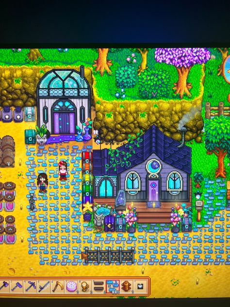 Our cute cabins! Work in progress Stardew Valley Shed Museum, Stardew Valley Crafting Area, Stardew Valley Krobus Room, Stardew Valley Traveling Cart, Stardew Valley Animal Product Shed, Cute Cabins, Stardew Valley, Work In Progress, Cabin