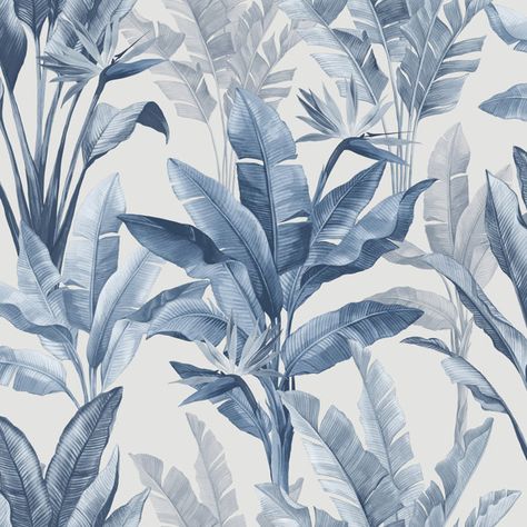 Paradise Wallpaper, Paradise Flowers, Banana Palm, Palm Tree Leaves, Feature Wallpaper, Navy Wallpaper, Wallpaper Shop, Contemporary Wallpaper, Kitchen Wallpaper