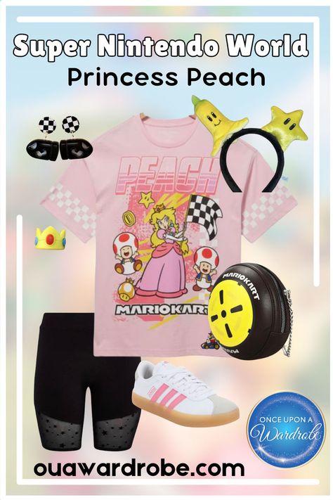 Level up your look with our Princess Peach-inspired outfit, perfect for Super Nintendo World at Universal Studios! This women's outfit is a must-have for your next adventure. You'll be ready to race Mario and win first place! Looking for more magical outfit ideas? Explore our services at Once Upon a Wardrobe to plan the perfect look for every theme park day! Mario World Outfit, Princess Peach Outfit, Universal Studios Characters, Magical Outfit Ideas, Universal Outfits, Peach Outfit, Super Nintendo World, Universal Studios Outfit, Peach Clothes