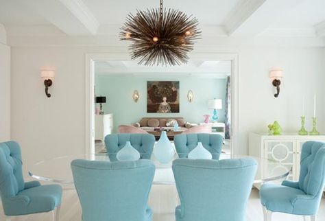 Aqua Living Room, Tufted Dining Chairs, House Of Turquoise, Dining Room Contemporary, Design Page, Contemporary Dining Room, Color Aqua, Colorful Chairs, Home Decor Color