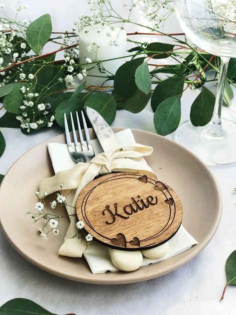 Your wedding guests will enjoy bringing their personalized name coaster back home. Available in a range of colors and designs, these place cards will add a warm flair to your tablescape. Seaside Wedding Decor, Wedding Plate Setting, Wedding Name Tags, Wedding Coasters Favors, Place Setting Cards, Guest Favors, Engagement Party Favors, Personalized Wedding Decor, Laser Cut Wood Crafts