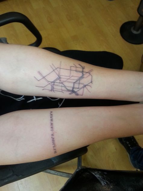 Paris metro map tattoo and GPS coordinates of grandma's house Gps Tattoo, Metro Tattoo, Location Coordinates Tattoo, Gps Coordinates Tattoo, Montreal Metro Map, New York Metro Map, Map Tattoo, Metro Map Paris, Metro 2033