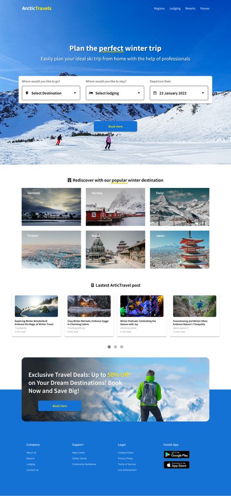 I ask of you to design us a new landing page for the Arctic Travels website. I would like you to take your inspiration from Expedia's website, as I think that would be a nice design for Arctic's landing page. I would like you to use inspiring photos on the page that fit our travel agency's image (e.g. skiers, mountains, lifts). I also want it to say 'Plan the perfect winter trip' as a headline, with under it 'Easily plan your ideal ski trip from home with the help of professionals' and undern... Hygge Winter, Travel Agency Website, Travel Report, Winter Trip, Inspiring Photos, Embrace Nature, Winter Hiking, Web Designs, Travel Website