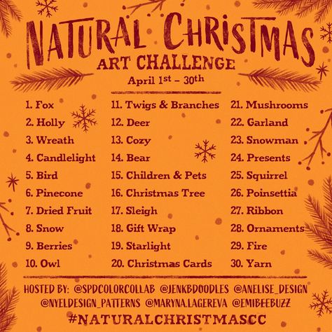 We're excited to announce the Natural Christmas SPDCC Art Challenge! Here is the list of daily prompts, all inspired by our upcoming @spdcolorcollab Natural Christmas. The Surface Pattern Designers Color Collab is where hundreds of artists from all over the world come together to create a collection of coordinating patterns all centered around one theme and color palette. So excited to see what everyone creates! 🎨🌲🦌 For this collaboration, we’re preparing for the upcoming Christmas season, ... Advent Art Challenge, Christmas Art Prompts, Winter Drawing Prompts, Christmas Art Challenge, Art Mediums List, December Doodle Challenge, December Art Challenge, Christmas Photo Challenge, Christmas Prompts