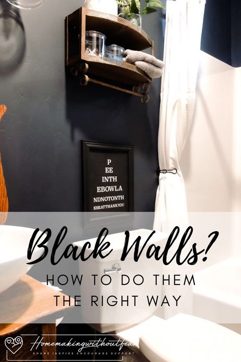 Does a sexy dark wall color in a SMALL bathroom scare you? Don’t let it. Dark walls – even black can be done. The resulting will be moody, intimate cozy, timeless and FABULOUS. Let share with you how you too can create this look. Dark Accent Wall Bathroom Paint, Black Walls Small Bathroom, Charcoal Walls Bathroom, Black Wall Small Bathroom, Bathroom Black Feature Wall, Bathrooms With Dark Walls, All Black Small Bathroom, Dark Paint In Small Room, Charcoal Painted Walls