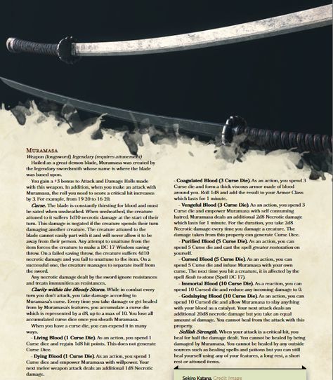 Muramasa the Legendary Demon Blade : UnearthedArcana Jjk Cursed, Dnd Feats, Dungeons And Dragons Books, Homebrew Items, Magic Armor, Dungeons And Dragons Races, Dnd Homebrew, Dnd Items, Dnd Campaign