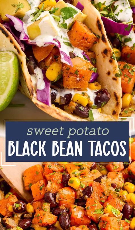 Potato And Black Bean Tacos, Sweet Potato And Black Bean, The Chunky Chef, Chunky Chef, Sweet Potato Tacos, Black Bean Tacos, Potato Tacos, Sweet Potato Black Beans, Bean Tacos