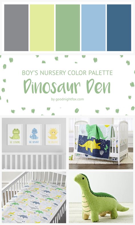 Dinosaur Boy Nursery Color Palette — Goodnight Fox Dinosaur Room Mural, Baby Room Colors Boy, Dino Color Palette, Dinosaur Theme Nursery For Boys, Baby Boy Color Schemes, Baby Boy Nursery Dinosaur Theme, Boy Nursery Dinosaur Theme, Dinosaur Boy Nursery, Boy Nursery Ideas Dinosaur