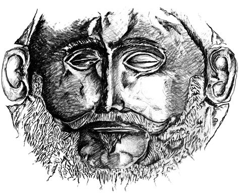 "Mask of Agamemnon" Drawing, originally for 20 Greek Stories Greek Stories, Mask Drawing, Greek Language, Skull Tattoo, Rome, Greece, Mask, Drawings