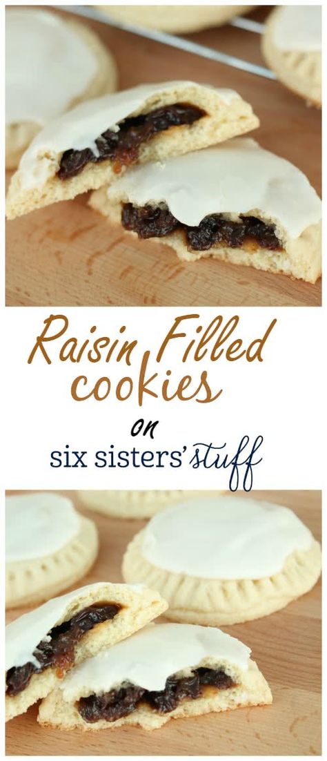 Raisin Filled Cookies | Six Sisters' Stuff Raisin Filled Cookie Recipe, Raisin Filled Cookies, Raisins Recipe, Raisin Pie, Raisin Cookie, Raisin Recipes, Six Sisters Stuff, Six Sisters, Filled Cookies