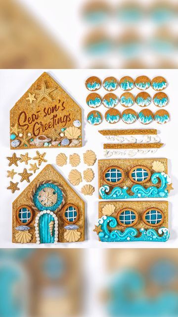 Unique Dessert Designs & Tasty Content Creation | Liz Joy on Instagram: "Here’s a look at the making of my gingerbread beach cottage 🌊🐚. @bakerybling helped make this project SO fun and seamless thanks to their Designer Gingerbread Kit and selection of gorgeous glittery sprinkles. Since I didn’t need to worry about baking up the structure, I got to focus all my energy on designing, decorating, and layering (my favorite parts of any bake!) 🤗. If you’ve been wanting to try your hand at a gingerbread house, you can pick up up one of these kits at @publix or @hobbylobby, and you can find allllll the stylish kits and sprinkles on bakerybling.com. #christmascookies #gingerbreadhouse #cookiedecorating #edibleart" Blue And White Gingerbread House, Under The Sea Gingerbread House, Beach Theme Gingerbread House, Beach Themed Gingerbread House, Beach House Gingerbread House, Beach Gingerbread House, Gingerbread Beach House, White Gingerbread House, Gingerbread Town