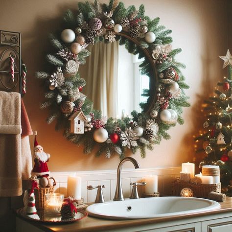 Christmas Bathroom Decor Christmas Themed Bathroom, Bathroom Mirror Christmas Decor, Powder Room Christmas Decor, Christmas Guest Bathroom, Bathroom Christmas Decor Ideas, Christmas Bathrooms, Christmas Decorations Bathroom, Christmas Bathroom Decor Ideas, Bathroom Christmas