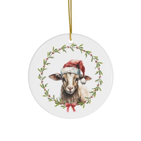 Baby Goat Christmas Ornament with santa hat, Ceramic Round simple evergreen wreath with red bow rustic country farmhouse barnyard animal by GrandmawsGreetings on Etsy Goat Ornament, Goat Christmas, Small Goat, Goat Kidding, Barn Animals, Baby Goat, Evergreen Wreath, Barnyard Animals, Baby Goats