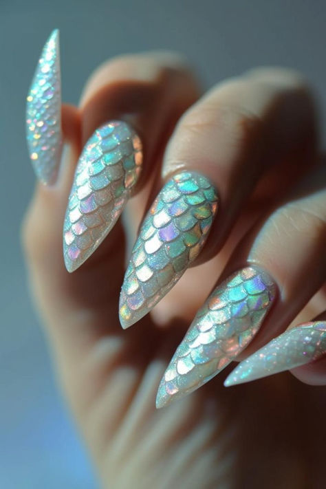 Mermaid Scales For White Dress Nails Dragon Scales Nail Art, Turquoise Mermaid Nails, Mermaid Scale Nails, Fantasy Nail Art Designs, Mermaid Scales Nails, Green Mermaid Nails, Nail Drawing Designs, Mermaid Tail Nails, Dragon Scale Nails