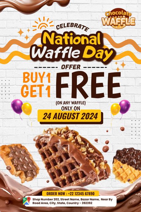 National Waffle Day Celebration Template National Waffle Day, Waffle Day, Chocolate Waffles, Kindle Book Cover, Etsy Banner, Campaign Posters, Blog Header, Facebook Event, Instagram Creative