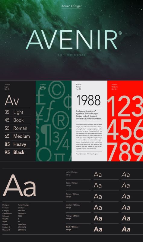 The word Avenir means “future” in French and hints that the typeface owes some of its interpretation to Futura. But unlike Futura , Avenir is not purely geometric; it has vertical strokes that are thicker than the horizontals, an “o” that is not a perfect circle, and shortened ascenders. These nuances aid in legibility and give Avenir a harmonious and sensible appearance for both texts and headlines. Avenir Font, Adrian Frutiger, Trending Fonts, Perfect Circle, Sans Serif Typeface, Serif Typeface, A Perfect Circle, Design Typography, Interactive Design