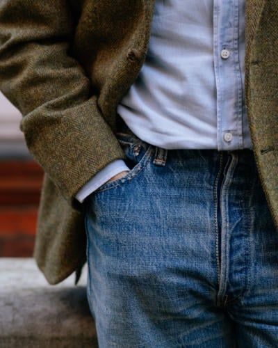 Double denim – in new Anthology tweed jacket Riddle Aesthetic, Tweed Jacket Outfit, Herringbone Coat, Denim Shirt With Jeans, Mens Fashion Inspiration, Double Denim, Jacket Outfit, Men Fashion Casual Outfits, Western Shirts