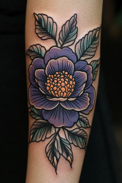 50+ Rose Tattoo Ideas in Different Colors Traditional Leaves Tattoo, Purple Flower Tattoo, Violet Flower Tattoo, Violet Flower Tattoos, Colorful Flower Tattoo, Rose Tattoo Ideas, Sailor Moon Tattoo, Blue Rose Tattoos, Tattoo Color