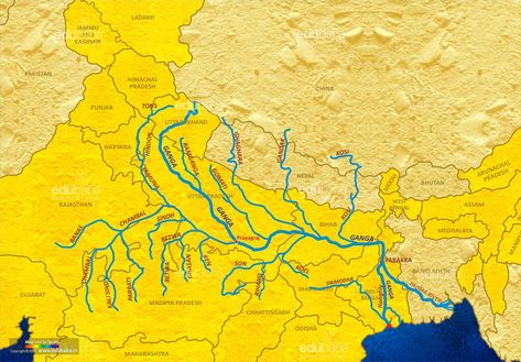 Ganga River Map Ganga River Map, Ganga River System Map, Gangotri Glacier, Indian River Map, Indian Geography, River Drawing, History India, River System, Basic Geography