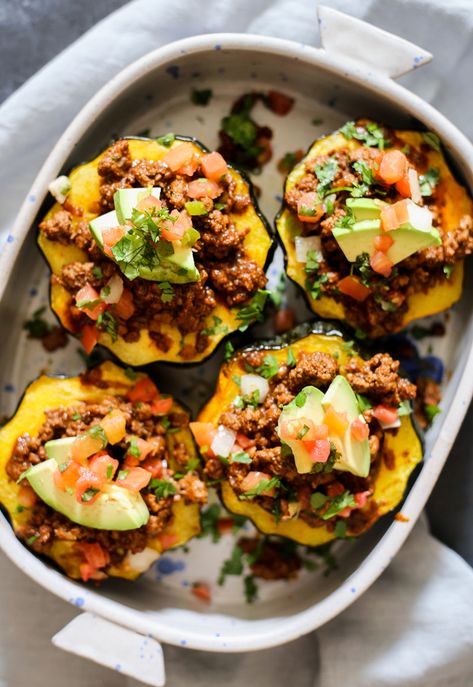 Beef Enchilada Stuffed Acorn Squash - The Defined Dish Paleo Menu, Defined Dish, Beef Enchilada, Paleo Pizza, Stuffed Acorn Squash, Acorn Squash Recipes, Paleo Cookbook, Whole30 Dinners, Beef Enchiladas