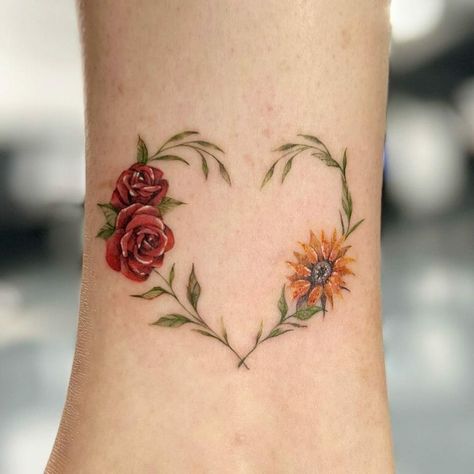 Sunflower And Roses Tattoo, Sunflower And Rose Tattoo, Rose Heart Tattoo, Rose Tattoo On Ankle, Yellow Rose Tattoos, Rose Tattoo Ideas, Sunflower Tattoo Small, Sunflowers And Roses, Rose Tattoos For Women