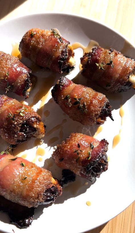 CANDIED BACON BLUE CHEESE ROASTED DATES - cheesegal.com Dates With Bacon, Roasted Dates, Cheese Gal, Blue Cheese Appetizers, Bacon Dates, Blue Cheese Recipes, Cheese Recipes Appetizers, Brown Sugar Bacon, Bacon Wrapped Dates