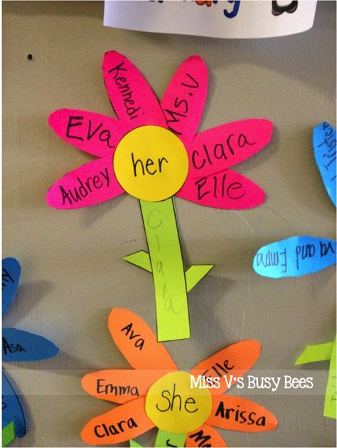 Miss V's Busy Bees: Pronoun Flowers - A Pronoun Activity Esl Crafts, Personal Pronouns Activities, Nouns Kindergarten, Vowel Sounds Activities, English Preschool, Academic Coach, Teaching Prepositions, Pronoun Activities, Possessive Pronoun