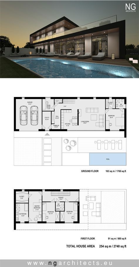 Home Designs Exterior, Detail Arsitektur, Modern House Floor Plans, Pelan Rumah, Modern Villa Design, Villa Plan, House Layout Plans, Plans Modern, Contemporary House Plans