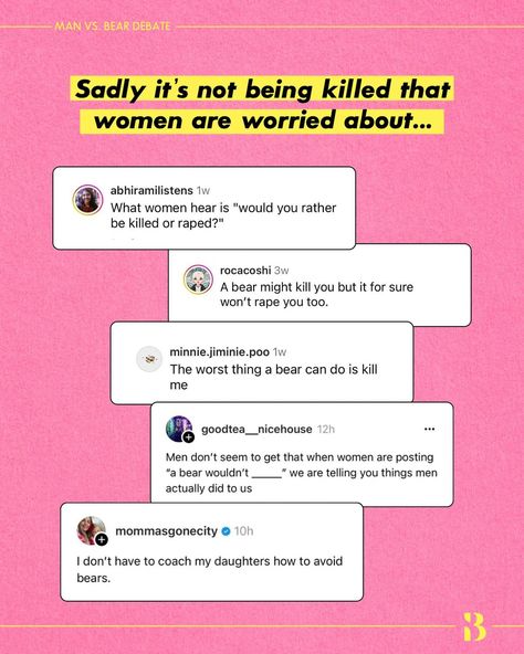 When thousands of women are choosing to risk their lives with a bear rather than take a chance being alone with man, it might just be a look into the problematic society we live in 🥲 #BeBadass [dear men, yes all women, women’s safety, trending topic, online debate, gender inequality, why we need feminism, feminist content] Man Or Bear, I Am No Man, Angry Woman, Feminist Af, Angry Women, Liberty And Justice For All, Radical Feminism, Gender Inequality, Losing Faith In Humanity