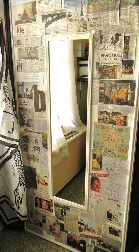 small space decoration - newspaper collage on wall. LOVE THIS!!! SO doing this in my room :D Dorm Pictures, Dorm Room Doors, Newspaper Collage, Room Door Decorations, Newspaper Wall, Teen Wall Art, College Bedroom, تصميم للمنزل العصري, Trendy Bedroom