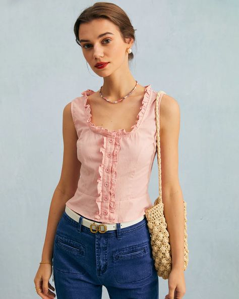 Free shipping on orders over $69. Shop The Pink U Neck Ruched Button Frill Trim Tank Top - pink - xs,s,m,l,xl at RIHOAS. Blouse Accessories, Body Description, Stiff Fabric, Ruched Tank Top, Frill Top, Frill Tops, Fashion Goals, Perfect Figure, Top Shelf