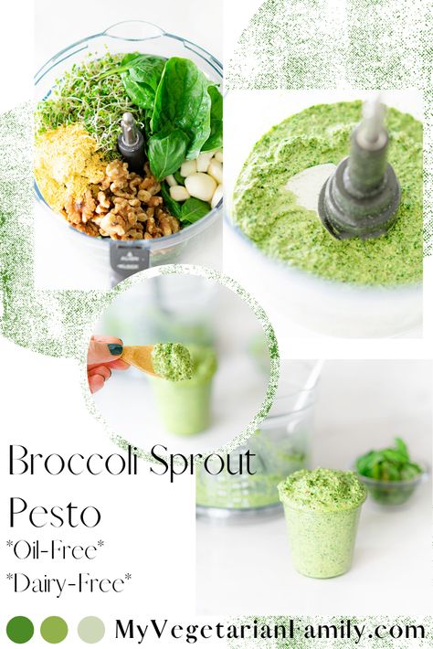 Broccoli Sprout Pesto | Oil-Free! | My Vegetarian Family How To Eat Broccoli Sprouts, Recipes With Broccoli Sprouts, Micro Broccoli Recipes, Sunflower Microgreens Recipes, Broccoli Microgreens Recipe, Broccoli Sprouts Recipes, Micro Greens Recipe, Pesto Oil, Sprouts Benefits