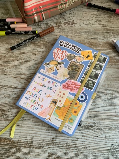 Bujo, bullet journal cover with aesthetic stickers Diary Theme Ideas, Front Cover Of Journal Ideas, Journal Book Covers Ideas, Journal With Stickers On Cover, Small Junk Journal Ideas, Scrapbook Notebook Cover, Stickers On Journal Cover, Journals Aesthetic Cover, Sticker Covered Notebook