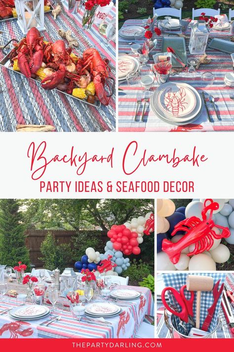 Seafood party supplies and decorations for a backyard clambake Lobster Decorations, Low Country Boil Party Ideas, Seafood Boil Party Ideas, Country Boil Party, Crab Feast Party, Seafood Boil Party Decorations, Crawfish Boil Party Decorations, Lobster Bake Party, Clam Bake Party