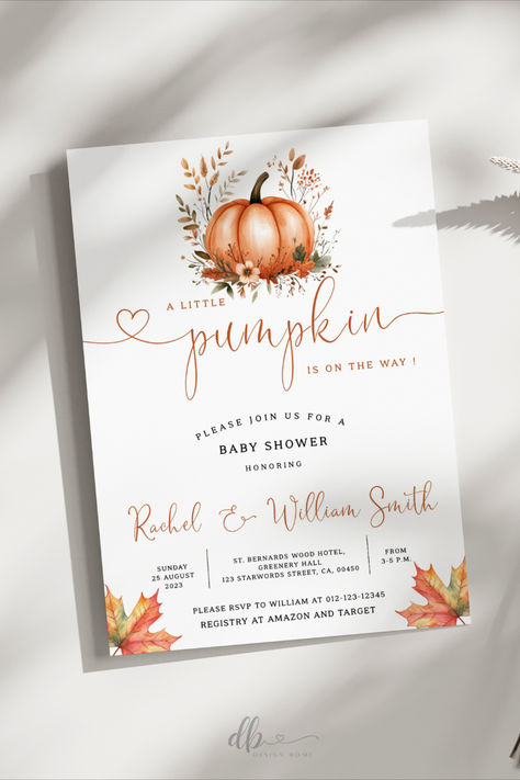 Editable Pumpkin Baby Shower Invitation featuring an orange pumpkin with autumn leaves and florals, perfect for a fall baby shower Little Pumpkin Baby Shower Invitations, Fall Baby Shower Invites, Rustic Baby Shower, Baby Shower Pumpkin, Baby Shower Invites, Fall Baby, Baby Shower Fall, Baby Shower Cards, Leaf Flowers