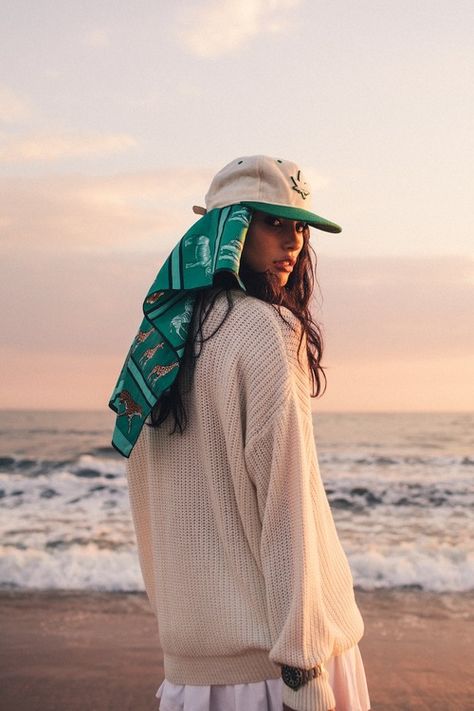 beached. Head Scarf And Hat, Scarf Under Hat Style, Cap With Scarf, Summer Head Scarf, Summer Headwear, Beach Scarf, Mode Turban, Head Scarf Styles, Photographie Portrait Inspiration