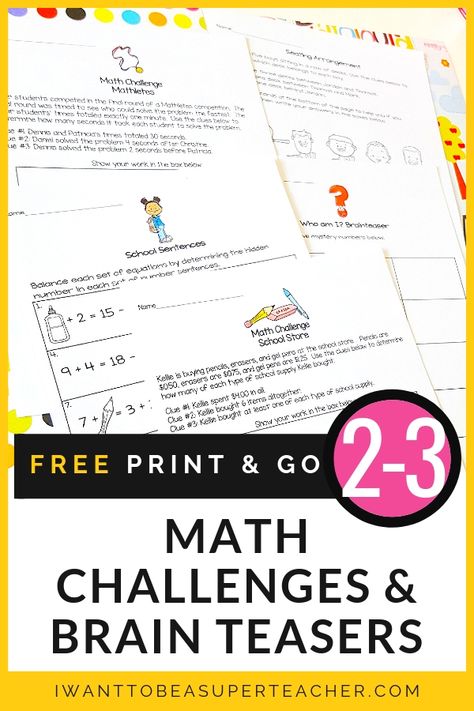 5 FREE math challenge and brain teaser activities to challenge your 2nd and 3rd grade students with NO PREP required! These math problems can be used as math centers, morning work, math centers, math homework, small group activities, problem of the week, or whole class number talks! Perfect for advanced kids in 2nd and 3rd grade. Click over for the free printables! #free #freebies #math #secondgrade #thirdgrade #classroomfreebies Math Challenges 2nd Grade, Brain Math, Free Math Printables, Math Enrichment, Number Talks, Fun School, Math Challenge, Daily Math, Math Groups