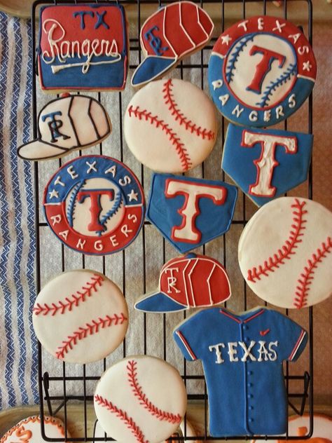 Texas Rangers Baseball Cookies by Cupookies Texas Rangers Birthday Party, Walker Texas Ranger Birthday Party, Texas Rangers Cookies, Rookie Year Cookies Baseball, Baseball Cookies Decorated 1st Birthday, Mommas Boy, Ranger Cookies, Baseball Treats, Baseball Cookies