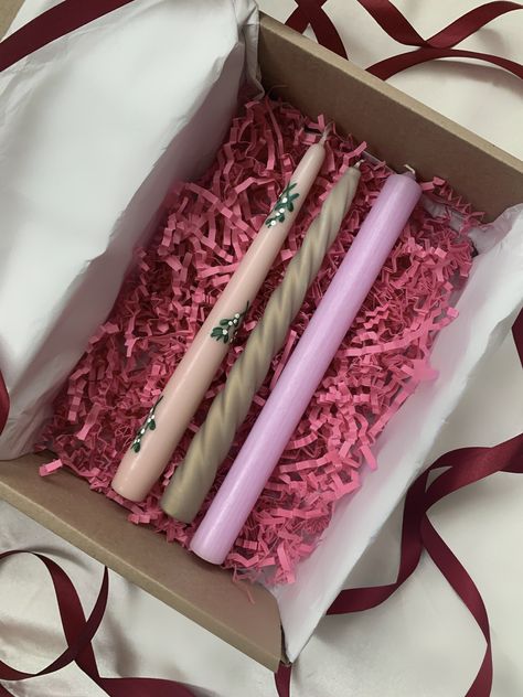 Painted Mistletoe, Valentines Taper Candles, Valentines Day Tall Candles, Heart Pillar Candle, Candle Lit Dinner, Pink Candles Witchcraft, Pink Heart Candles Aesthetic, Pink Dinner, Dinner Christmas