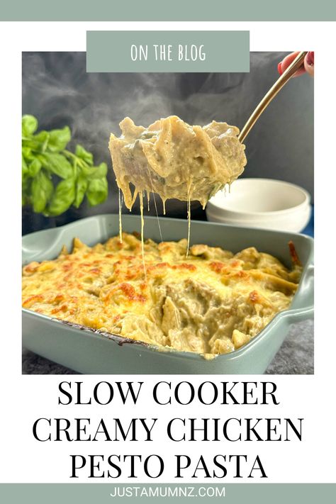 Delicious Slow Cooker Creamy Chicken Pesto Pasta recipe that is so easy to make, a rich pasta bake that uses cream cheese and pesto for the best dinner Creamy Garlic Chicken Pasta, Creamy Chicken Pesto Pasta, Pesto Pasta Dishes, Pesto Pasta Recipes Chicken, Garlic Chicken Pasta, Creamy Pesto Chicken Pasta, Chicken Pesto Pasta, Pesto Pasta Recipe, Chicken Spinach Pasta