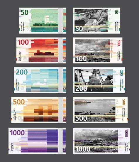 Nuevos billetes noruegos // The new Norwegian Krone banknotes, courtesy of Snøhetta Design (http://graffica.info/noruega-billetes-punk-vanguardia/) Collaborative Furniture, Banknotes Design, Liquid Paper, Currency Design, Money Design, Architecture Firm, Design Graphique, Paper Money, Bank Notes