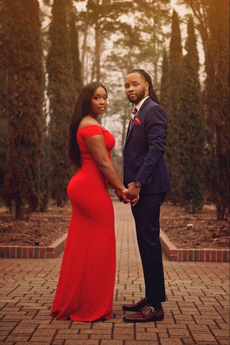 Braids Engagement Photo, Black And Red Engagement Photos, Engagement Pictures Hairstyles Black Women, Pre Engagement Photoshoot, Formal Couple Photoshoot, Black Couples Engagement Pictures, Black Couple Engagement Photoshoot, Engagement Photos Black Couples, Black Couple Photoshoot Ideas